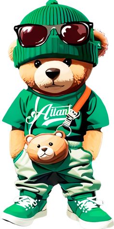 a brown teddy bear wearing sunglasses and a green hat