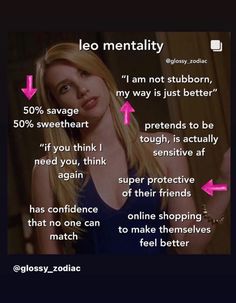 a woman in a blue dress with pink arrows pointing to her face and the words leo mentality