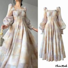 Olivia Mark - Elegant Palace Long-sleeve Dress with Classic Mandarin Collar and Vintage Print French Cottagecore, Fairy Princess Dress, Vintage Floral Print Dress, Vintage Print Dress, Court Dresses, Dress Design Sketches, Corset Bodice, Cottagecore Dress, Fairy Princess