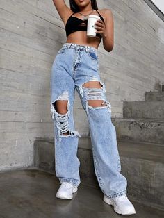 F00160313-103 Cute Ripped Jeans, Ripped Jeans Women, High Waisted Ripped Jeans, Blue Mom Jeans, Boyfriend Jean, Denim Pants Women, Denim Patterns, Outfit Jeans, High Waist Fashion