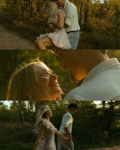 two people that are kissing each other in front of some trees and bushes, one person is holding the woman's head