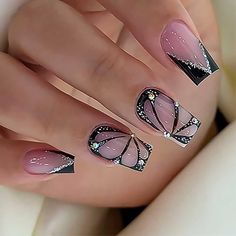 Amazon.com: RikView French Tip Nails Square Press on Nails Medium Fake Nails Black Nails with Butterfly Design Glossy Nails 24 PCS : Beauty & Personal Care Nail Art With Accessories, Best Summer Nails 2024, Square Butterfly Nails, Nails With Art Design, 16th Birthday Nails Sweet 16, Black Nails With Butterfly, Short Nails Bling, Faith Nails Designs, Nail Art Designs For Wedding