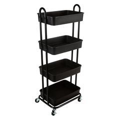 three tiered black plastic shelf with wheels on the bottom and two trays on the top