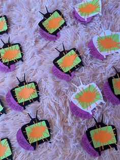 TV cut outs with rectangular green screens and a orange splatter. Peeking out from behind it all is a purple oval with the respective names of each resident Nickelodeon Door Decs, Ra Activities, 90s Television, Ra Door Decs, Ra Boards, Res Life, Resident Assistant, Door Decs, Ra Ideas