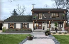 this is an artist's rendering of a house in the country style with porches and landscaping