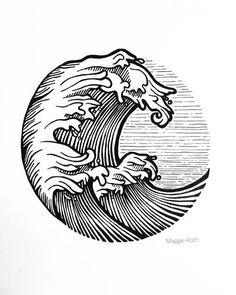 a black and white drawing of a wave in the shape of a dog on it's back