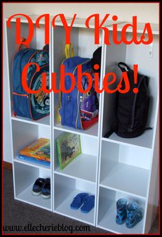 a white bookcase filled with books and backpacks