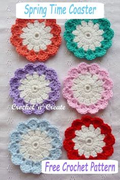 four crochet flower coasters with the words spring time coaster on top of them