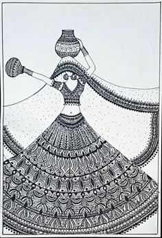 a black and white drawing of a woman in a long dress with an ornate design on it