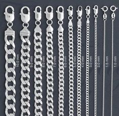 Description: -These Chains are Italian Factory made from Genuine .925 Sterling Silver, -Guaranteed Genuine .925 Sterling Silver, Not Filled, Hollow, or Plated. -The Quality of these Chains are Excellent and Made to Last. Length ranges from 16 to 30 inches (depending on selection) ￼ Size (mm) ranges from 2mmto 10.2 (depending on selection) About us: -We've Been Jewelry Wholesalers for 25 Years! -Have any Questions? Please send an Etsy message. WE ARE ALWAYS HAPPY TO HELP!! -Free Domestic Shipping Silver Chain For Men, Mens Rings Fashion, Mens Bracelet Silver, Silver Bead Necklace, Jewelry Accessories Ideas, Silver Chain Style, Silver Anklets, Mens Accessories Jewelry, Girly Jewelry