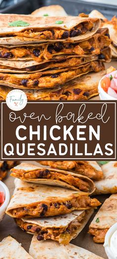 chicken quesadillas stacked on top of each other with the title overlay