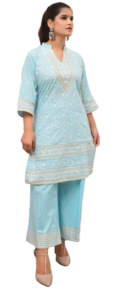 IshDeena Indian Kurta Set for Women: Cotton Fabric Traditional Light Blue Sets For Summer, Traditional Light Blue Set For Summer, Traditional Light Blue Summer Set, Casual Festive Loungewear Set, Light Blue Cotton Kurta For Summer, Summer Light Blue Cotton Kurta, Blue Short Sleeve Pant Set For Summer, Summer Blue Pant Set With Short Sleeves, Fitted Light Blue Kurta For Summer