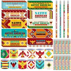 native american banners and stickers with different patterns, colors and designs on white background