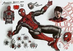 a drawing of spider - man with various poses and body parts, including his hands