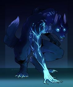 a drawing of a furry animal with blue lights on it's face and tail