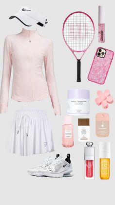 the contents of a tennis outfit are arranged on a gray background, including a racket and other items