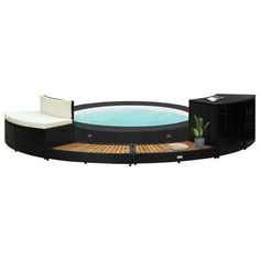 an outdoor hot tub with two lounge chairs and a potted plant on the side