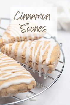 cinnamon scones with icing on a cooling rack