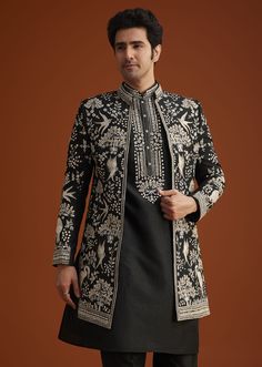 Black Embroidered Indo Western Sherwani Set Indo Western Sherwani, Kids Bridal, Thread Embroidery, Indo Western, Embroidery, Black