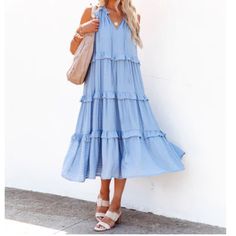 New With Tags! Size Small! Perfect Summer Dress! Can Also Be Work As Maternity! Blue Tiered Midi Dress For Day Out, Blue Tiered Summer Midi Dress, Chic Blue Midi Dress For Daytime, Vici Dress, Mock Neck Sweater Dress, Hot Outside, Ruffle Midi Dress, Strapless Midi Dress, Ruched Midi Dress