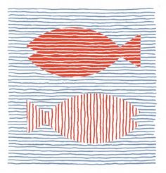 an orange fish and a red fish on a blue striped background with vertical lines in the shape of stripes