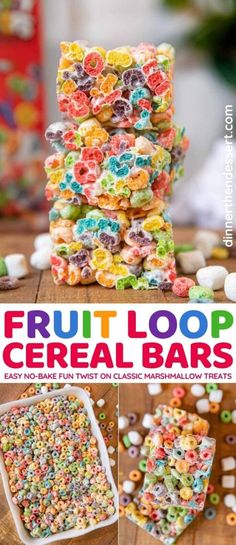 fruit loop cereal bars are stacked on top of each other and ready to be eaten