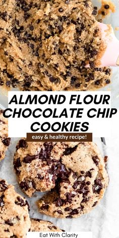 chocolate chip cookies with text overlay that says, almond flour chocolate chip cookies