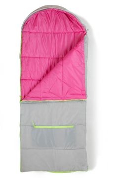 an open sleeping bag with pink and grey linings on the inside, sitting against a white background