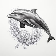 a drawing of a dolphin jumping out of the water with seaweed in its mouth