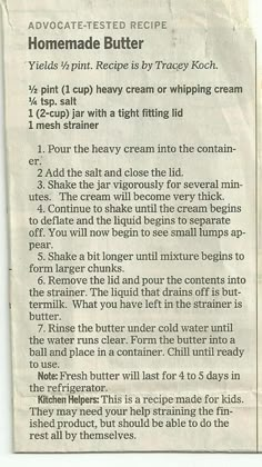 a recipe for homemade butter on a piece of paper