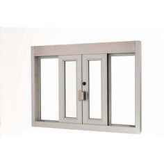 an open sliding glass door on the side of a white wall with two doors and one window