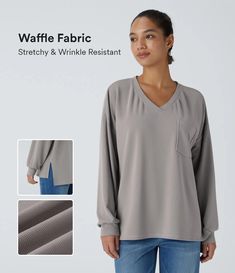 Discover Women’s V Neck Chest Pocket Long Sleeve Split Waffle Casual Top at Halara, Crowd-Approved Affordable Choices Made For What Moves You. Casual Top, Chest Pocket, Casual Tops, Waffles, Split, V Neck, Long Sleeve, Fabric