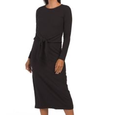 Long Sleeve With Tie Front Dress . Easy Stretch Black Midi Dress With Tie Waist For Brunch, Black Midi Dress With Tie Waist For Date Night, Easy Stretches, Tie Front Dress, Ribbed Dress, Ribbed Dresses, Dress First, Colorful Dresses, One Shoulder