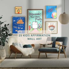 a living room filled with furniture and pictures on the wall above it is a blue chair next to a potted plant