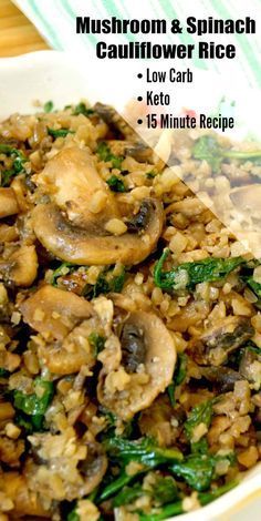 mushroom and spinach cauliflower rice in a white bowl