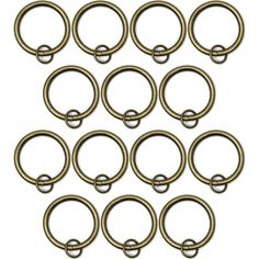 twelve brass tone metal rings with an open loop on each side and one circle at the end