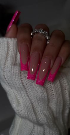 Pink Tip Nails, Valentines Nail, Valentine Nails, Colored Acrylic Nails, French Tip Acrylic Nails, Simple Acrylic Nails, Acrylic Nails Coffin Pink