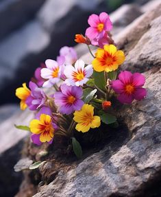 small colorful flowers growing out of the rocks