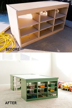 the before and after photos show how to make a diy entertainment center out of an old dresser