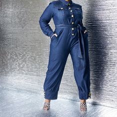 Cuffed Denim Jumpsuit With Gold Buttons. Long Sleeve Waist Belt 97%Cotton 3%Spandex (Recommended To Soak Raw Denim Before 1st Use To Prevent Bleeding) Non-stretch Denim Jumpsuit For Workwear, Stretch Blue Denim Jumpsuit, Blue Denim Jumpsuits And Rompers For Fall, Fall Blue Denim Jumpsuits And Rompers, Blue Denim Jumpsuits And Rompers For Work, Blue Denim Jumpsuit For Workwear In Fall, Olive Green Jumpsuit, Bell Sleeve Romper, Satin Romper