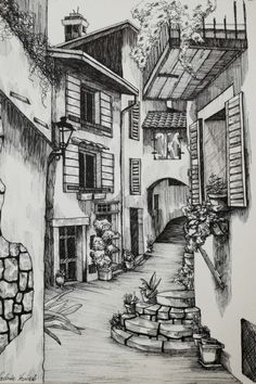 a drawing of an alleyway with flowers and potted plants