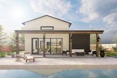 an artist's rendering of a house with a pool in the foreground and patio furniture on the far side