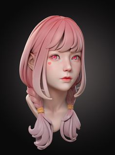 an animated girl with pink hair and red eyes