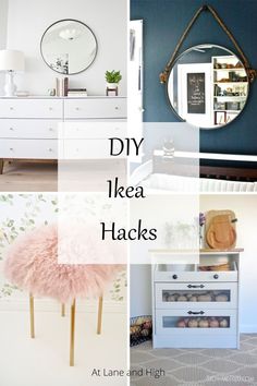 four different pictures with the words diy ikea hacks on them and an image of