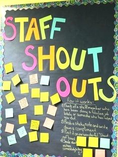 a bulletin board with post - it notes on it and the words staff shut out