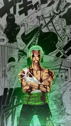 an anime character with green hair holding a white object in front of him and other characters behind him