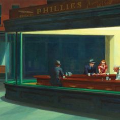 an oil painting of people sitting at a bar in front of a building with the lights on