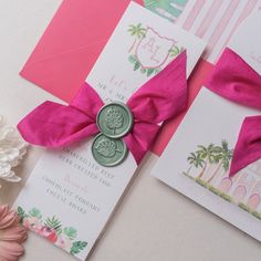 Complementing my palm beach wedding invitation set, this vibrant tropical wedding menu features a custom wedding crest with palm trees and monogram initials. Designed with exotic destination weddings in mind, the custom wedding menus are finished with hot pink ribbon and Montserrat leaf wax seals.  Approx 74mm x 210mm Personalised with each guest's menu choice This palm tree wedding menu is shown with hot pink and green shades, but the colours can be customised to your wedding theme. Please note Palm Tree Wedding Invite, Castle Wedding Invitations, Beach Wedding Menu, Wedding Crest Monogram, Palm Tree Wedding Invitations, Palm Tree Wedding, Hot Pink Ribbon, Tropical Wedding Theme, Folded Wedding Invitation