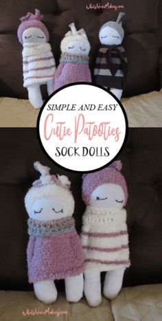 two stuffed animals sitting next to each other on top of a brown couch with the words simple and easy crochet projects sock dolls