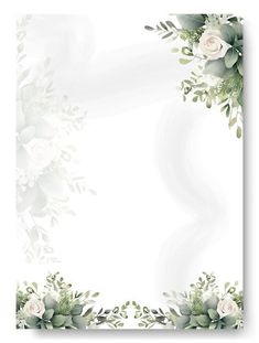 a white and green floral frame with roses, eucalyptus leaves and succulents